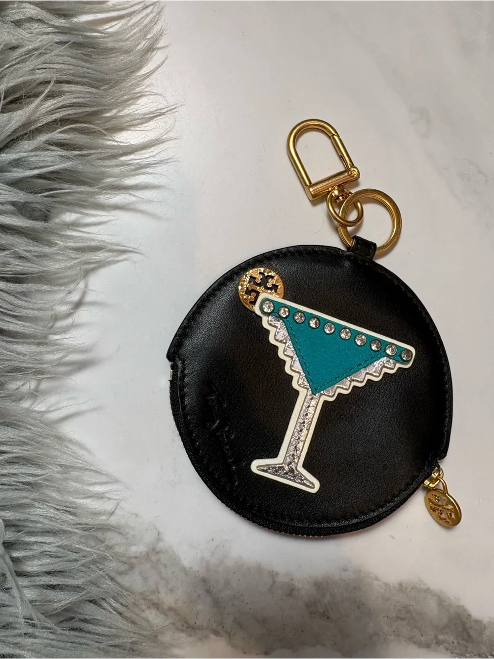 Tory Burch leather martini coin case key fob in black gold